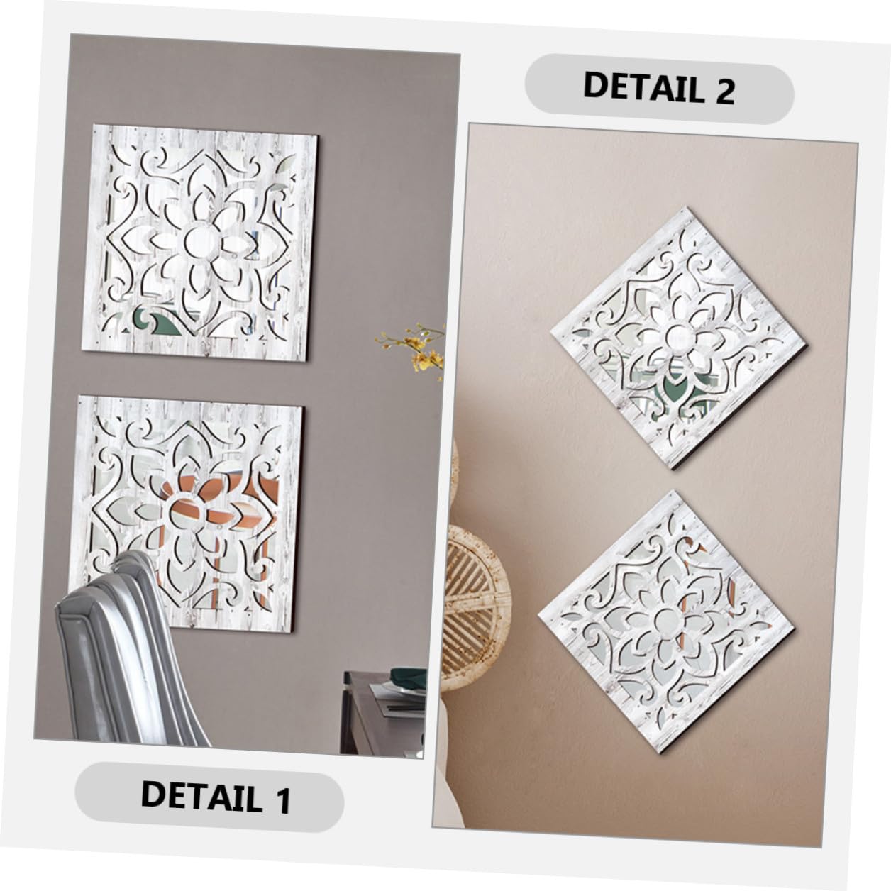 NUOBESTY 2 pezzi Specchio da Parete Quadrato in Acrilico Stile Country Rustico Decorazione Adesiva con Cornice in Legno Specchio Decorativo per Soggiorno Camera e Ingresso da Effetto