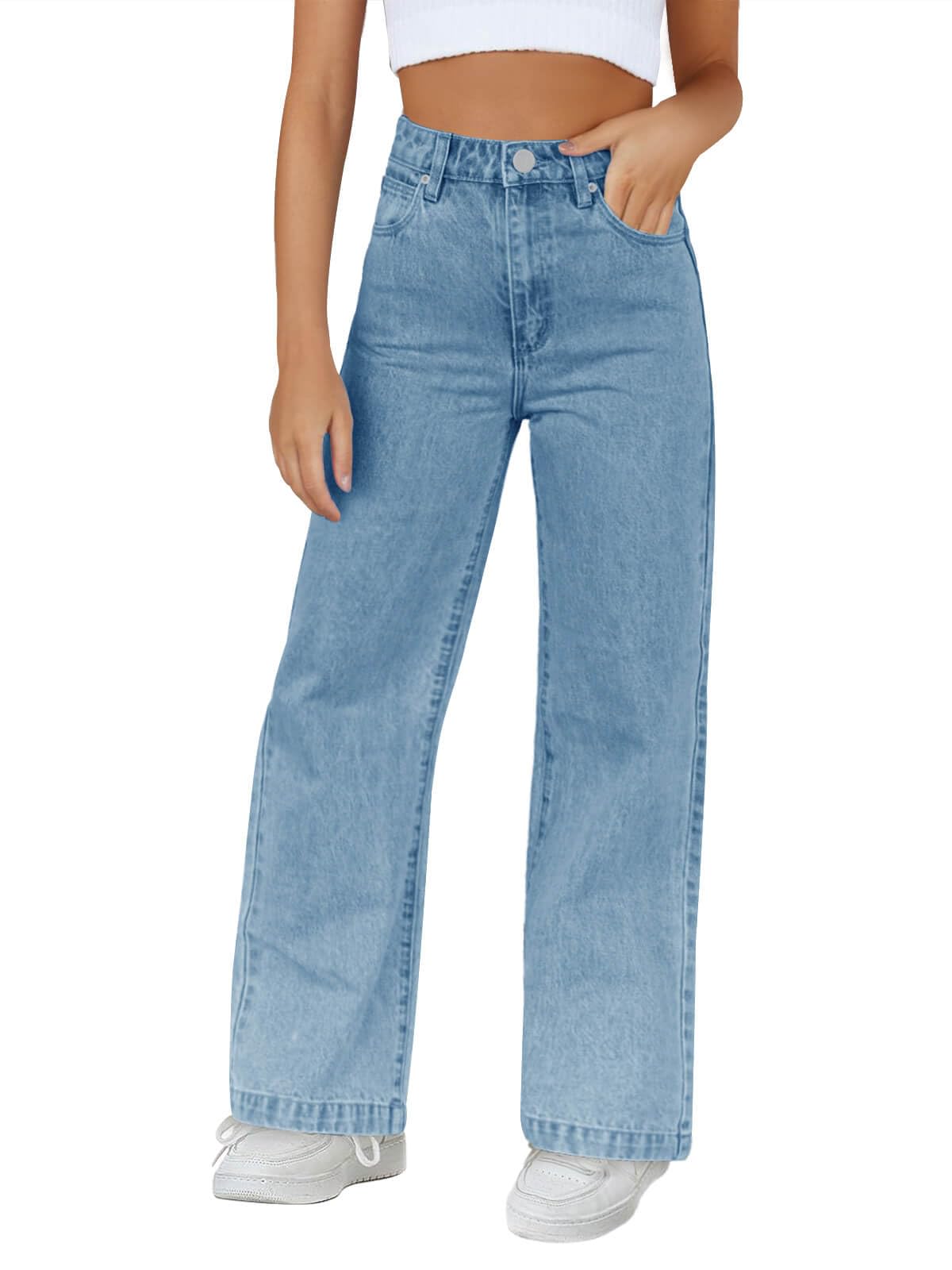 Haloumoning Mädchen-Jeans mit elastischer Taille, gerades Bein, Deminhose, leger, Stretch, lange Hose mit Taschen, 5–14 Jahre