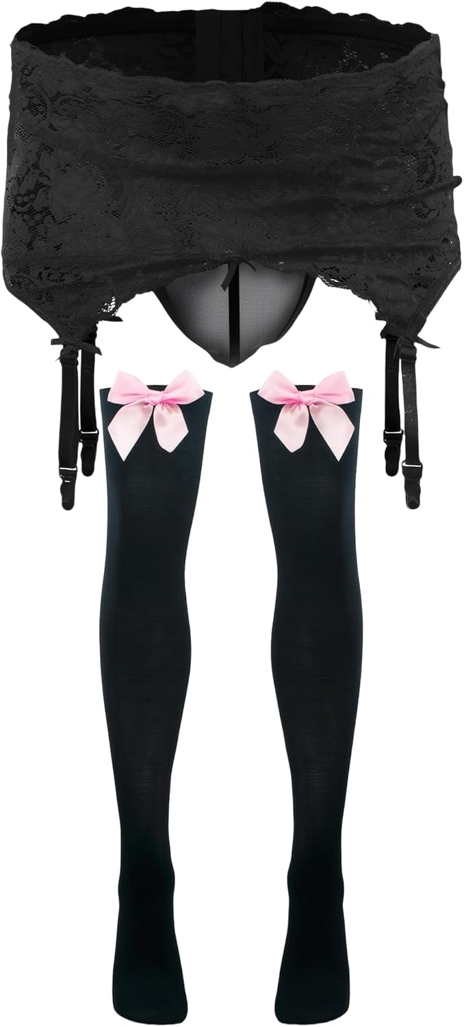 Panegy Mens Lace Skirted Thongs with Garter Transparent Pouch Bikini Lingerie Set Sexy Thong Panties with Stockings