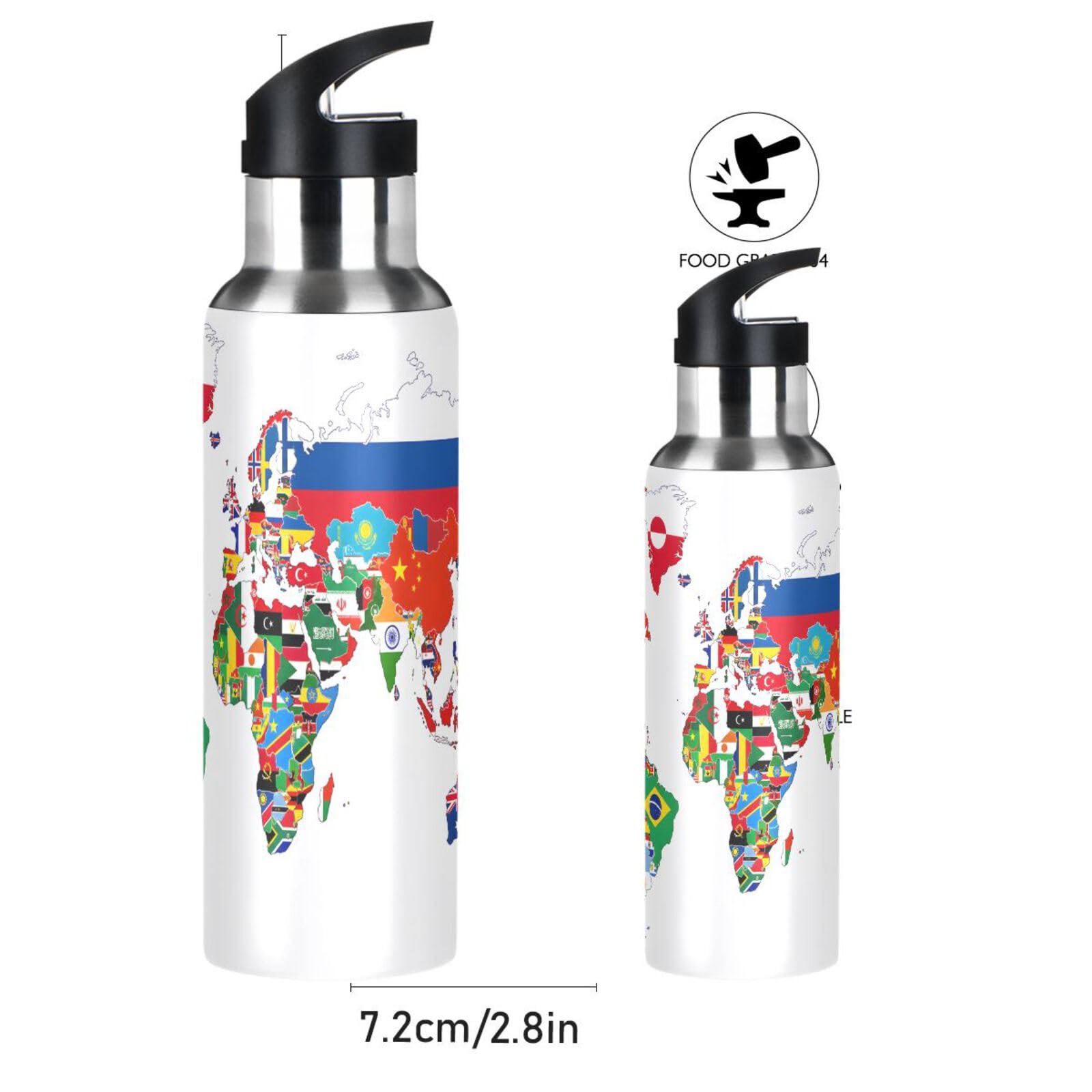 senya Wasserflasche mit Griff, Strohhalm-Deckel, vakuumisoliert, Edelstahl, Nationalflagge, Weltkarte, auslaufsicher, Sport-Kaffeemaschine, Tasse