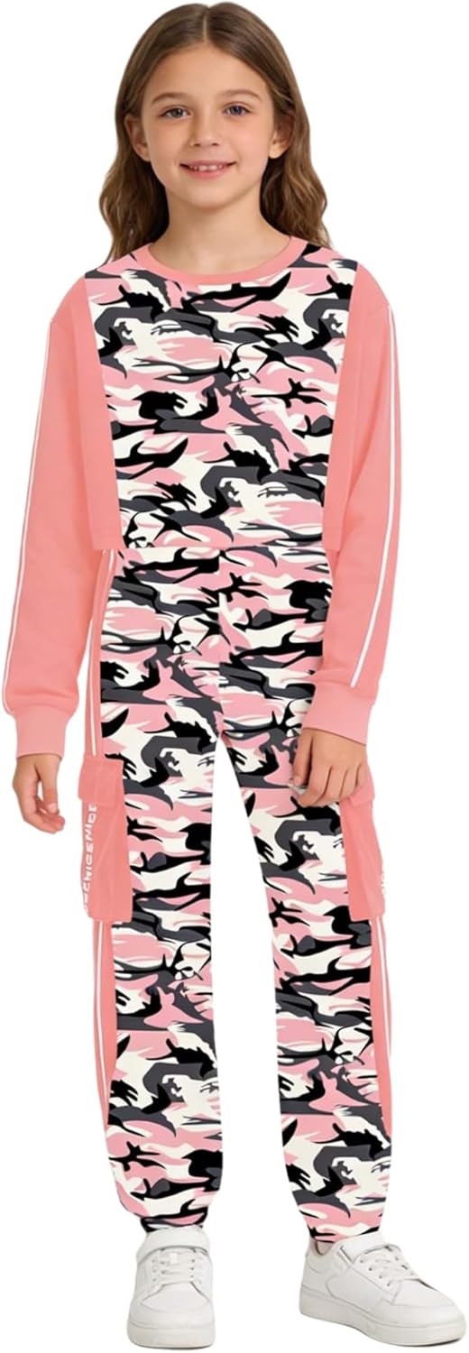 2026 Fashion Sweatsuit Long Sleeve Print Pullover+Sport Jogging Sweatpants for Girls Practice Outing
