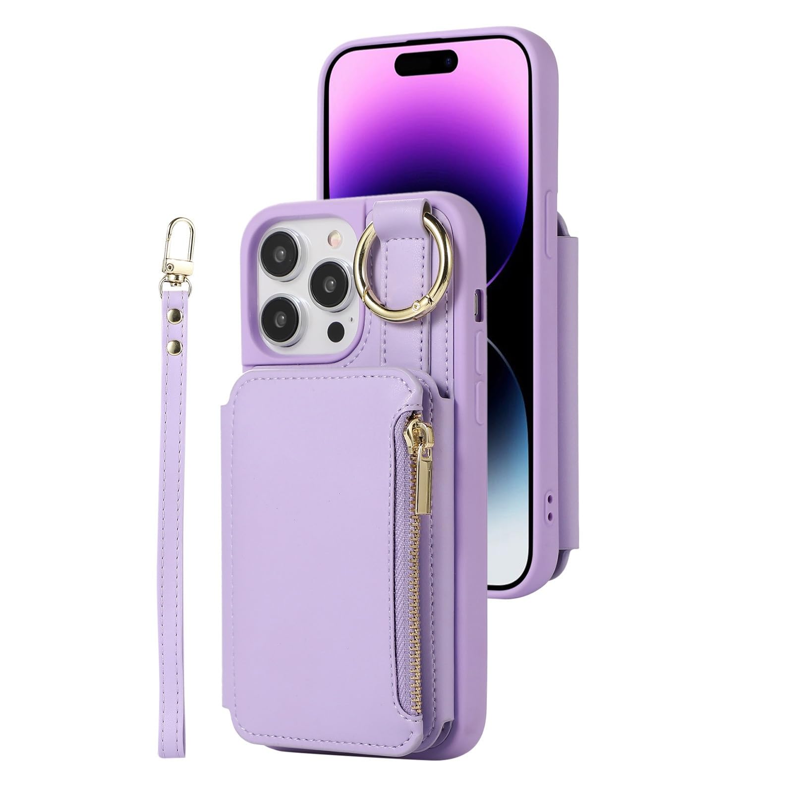 Generico Etui na IPhone16/16Pro/16Pro Max, wbudowany uchwyt na karty skórzany portfel ochronny na telefon komórkowy z klapką, odporny na wstrząsy futerał (fioletowy, 16)