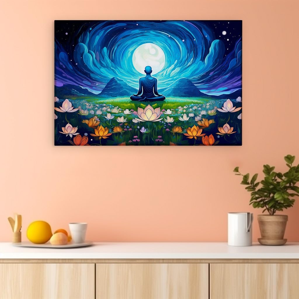 Canvas for Living room. Embracing Serenity Under a Luminous Moonlight: Finding Oneness in Night's Blooming Meadow, 27 x 18 inch Canvas Wall Art - Contemporary Masterpieces - Modern Home Decor