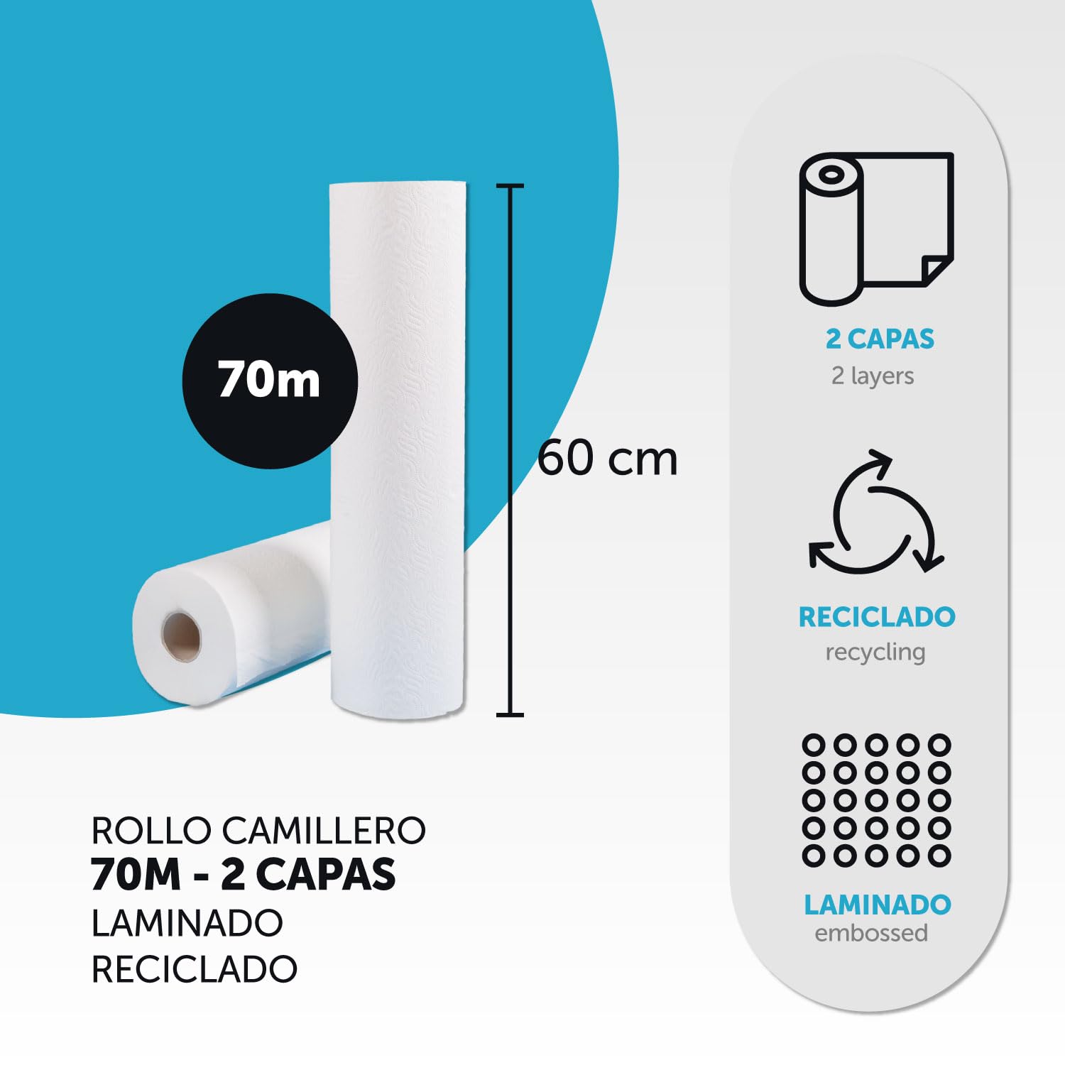 Rollo para Camilla, Rollo Papel para Camilla de Procedimientos Médicos, Masaje, Tratamientos de Belleza y Spa, Papel para Camilla de Estética y Masaje (60cm x 70m laminado reciclado, 12 unds)