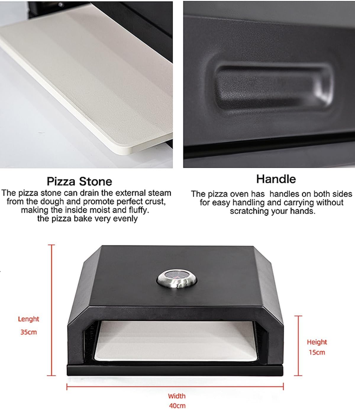 Forno a legna per pizza con termometro, barbecue all'aperto, forno per pizza portatile, per campeggio, adatto per forni a gas/elettrico/carbone