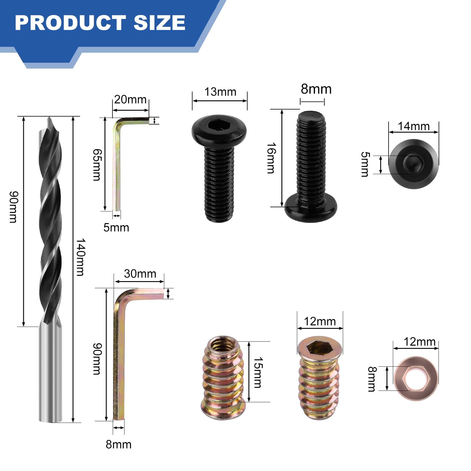 FandWay 20 Sets M8x16mm Furniture Screw Nut,M8x15mm Threaded Inserts for Wood,Connector Bolts and Nuts Set,Flat Head Allen Screw-in Nuts,Hex Socket Drive with Wrenches - Image 3