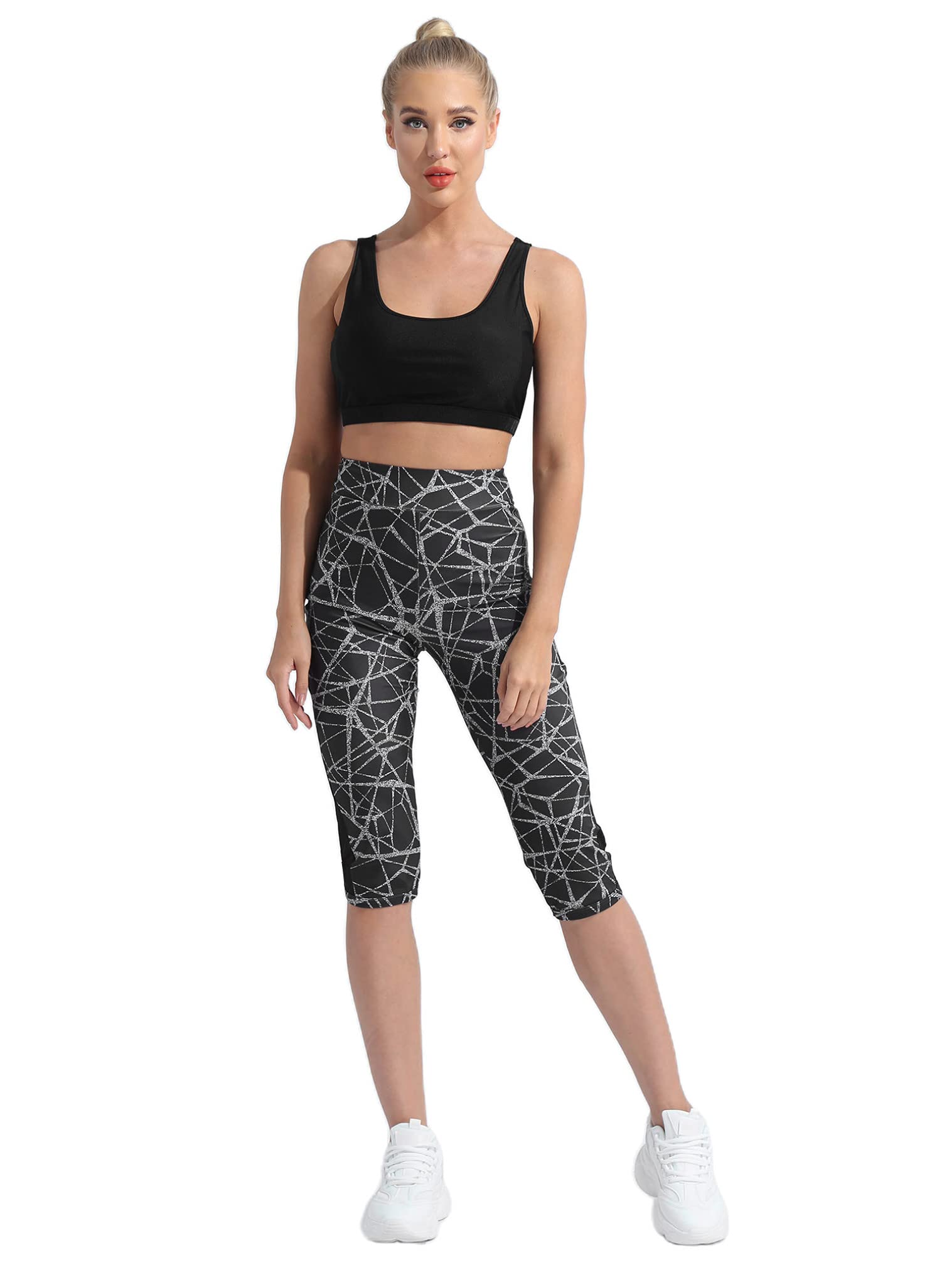 renvena Women Yoga Gym Sets Back Straps Crisscross Crop Top with Knee Length Elastic Pants Dance Sweatsuit