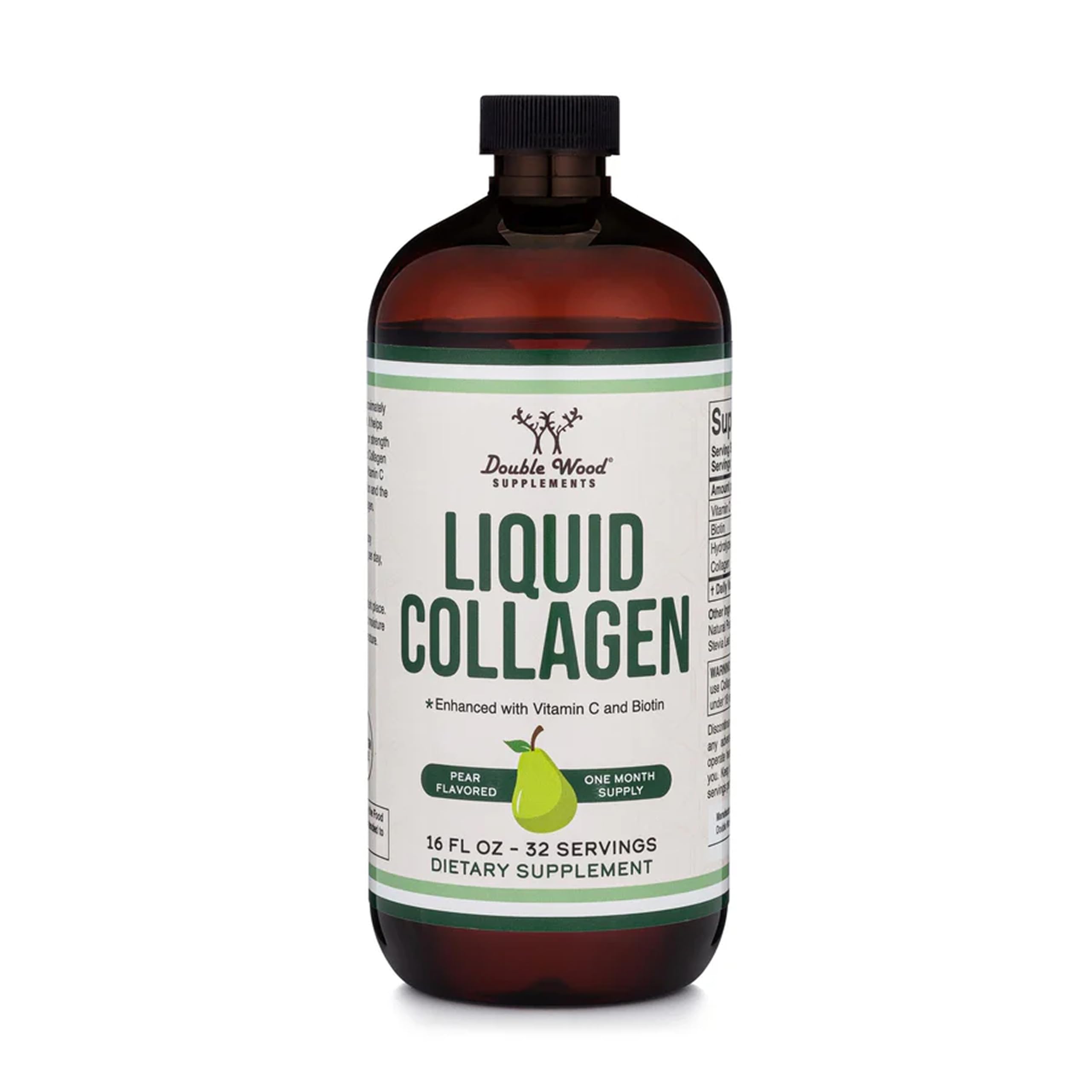Doubles suppléments de bois Collagène liquide - 2500mg de collagène bovin hydrolysé (type 1, 3 et gazonné) - 32 portions - pour les femmes et les hommes - 30 mcg de biotine - Farine de poire sans sucre