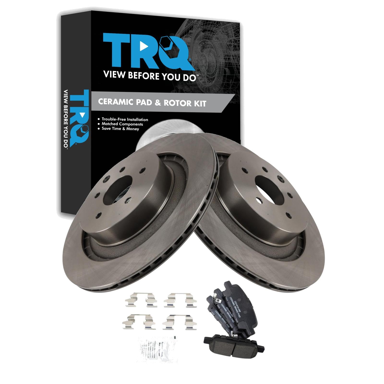 TRQ Rear Brake Pad and Rotor Set Ceramic Compatible with 2014-2015 Infiniti Q60 2009-2017 Nissan 370Z