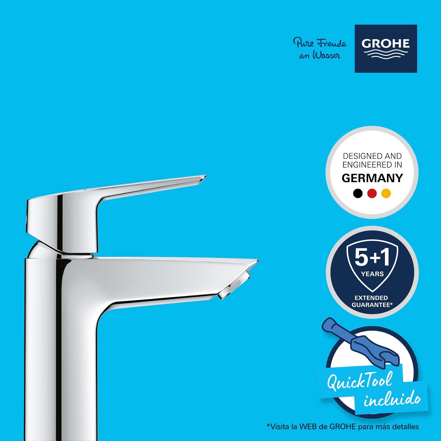 Grohe Start QuickFix- Grifo de lavabo monomando S (vaciador push-open, menor consumo de agua, instalación rápida, altura 165mm), cromo, 23550002