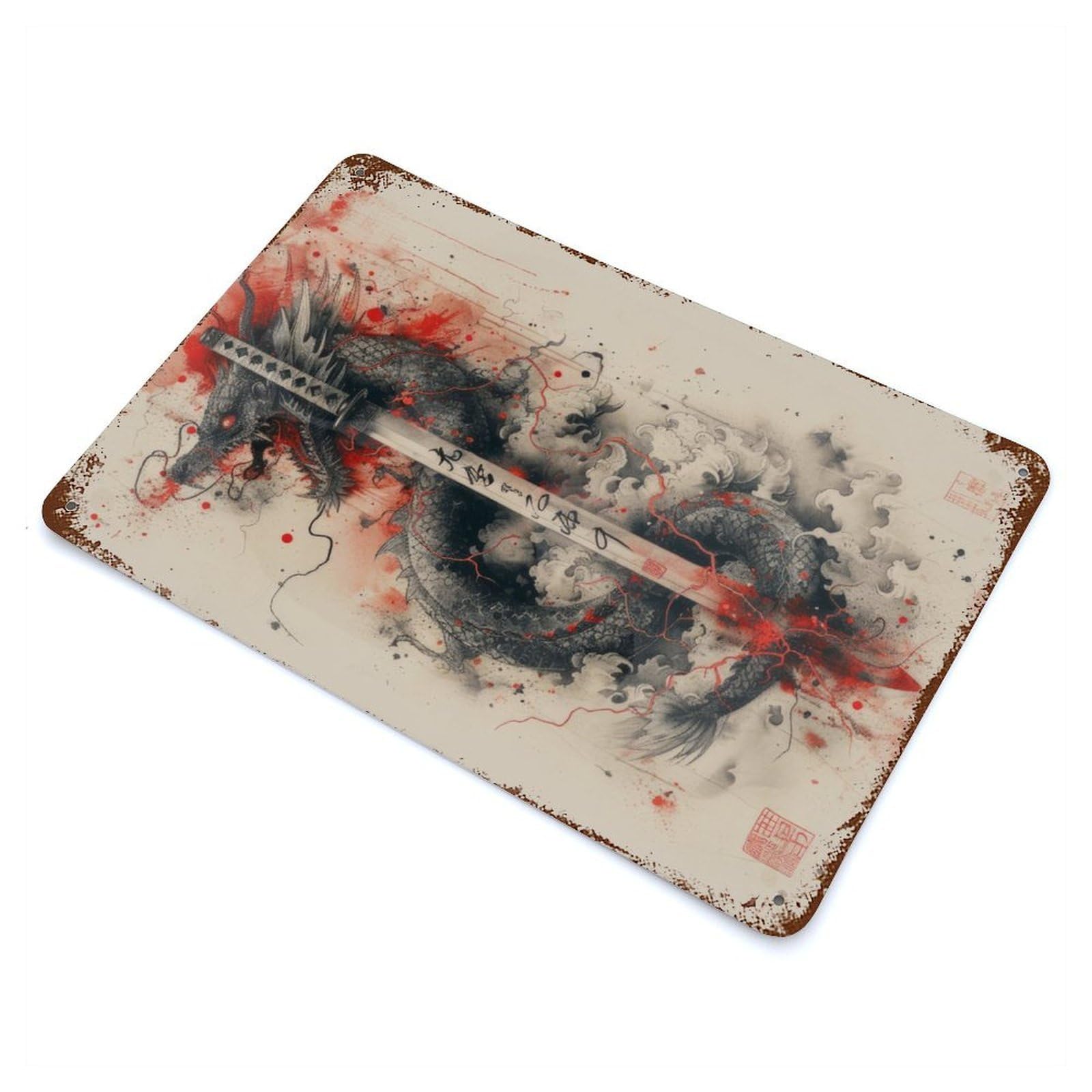 Katana Of The Black Dragon 11.8"x7.9" Rustic Tin Plaque, Farmhouse Wall Decor for Basement, Hobby Room And Garage Decor