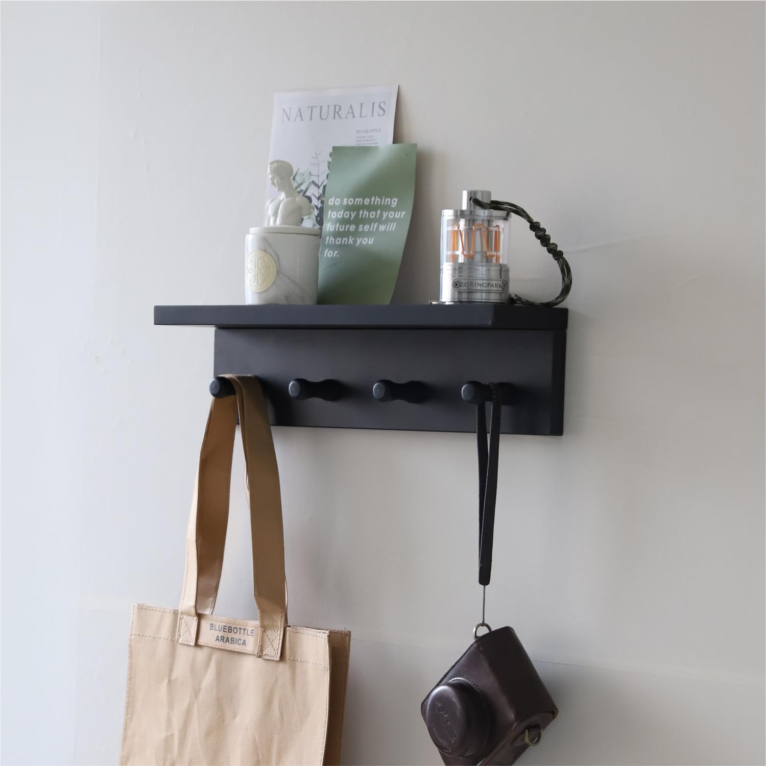 XAOMLP Entrance Coat Rack ，Coat Hooks, Wall-Mounted Wooden Hook Rack, Wall-Mounted Shelves are Very Suitable (Black Color Finish—A-1)
