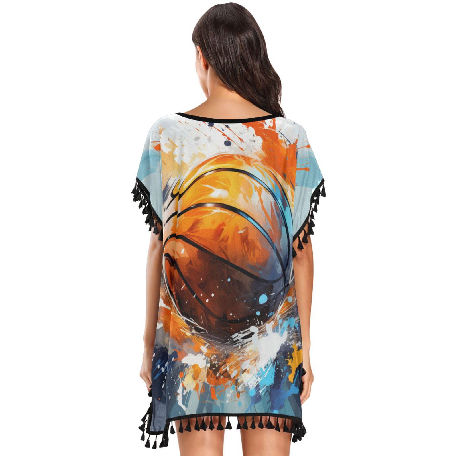 Hand Drawing Basketball Art Women's Beach Cover Up Chiffon Tassel Swimwear Swimsuit Coverups for Girl