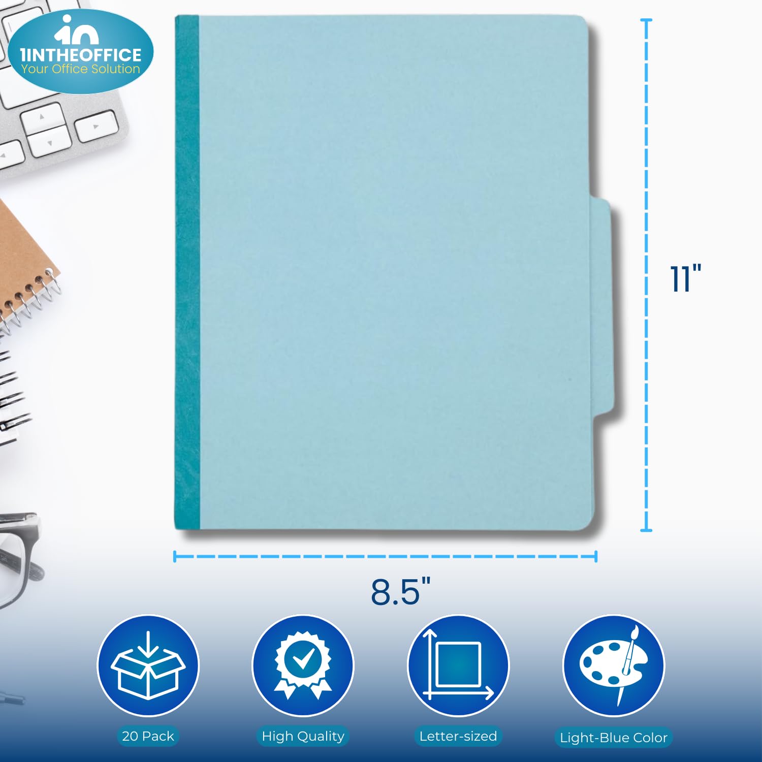 1InTheOffice Carpeta de clasificación para tablones prensados, 2 divisores, 2.5 pulgadas de expansión, tamaño carta, azul claro, 20 piezas