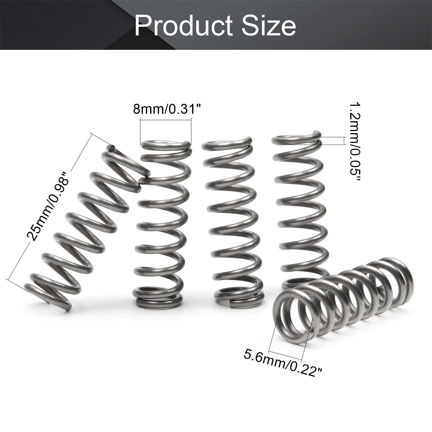 Lot De 5 Ressorts De Compression En Acier Inoxydable - Diamètre Fil 1,2 Mm, Diamètre Ext. 10 Mm, Longueur 50 Mm