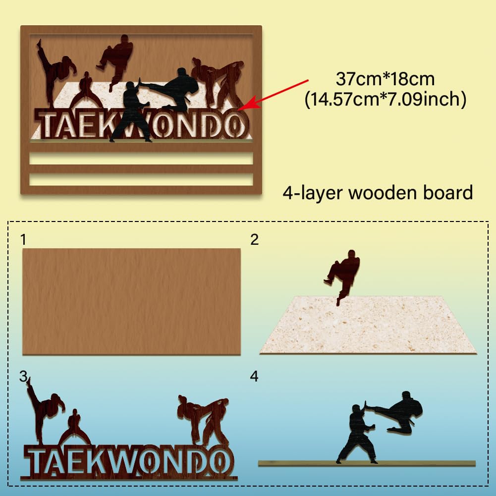 SUPERDANT 3D Taekwondo Medaillenhalter Taekwondo Silhouette Medaillen Aufbewahrung Holz Medaillen Halter Schlüsselband Turnmedaillenhalter Medaille Aufhängedekor Geschenke für Sportler