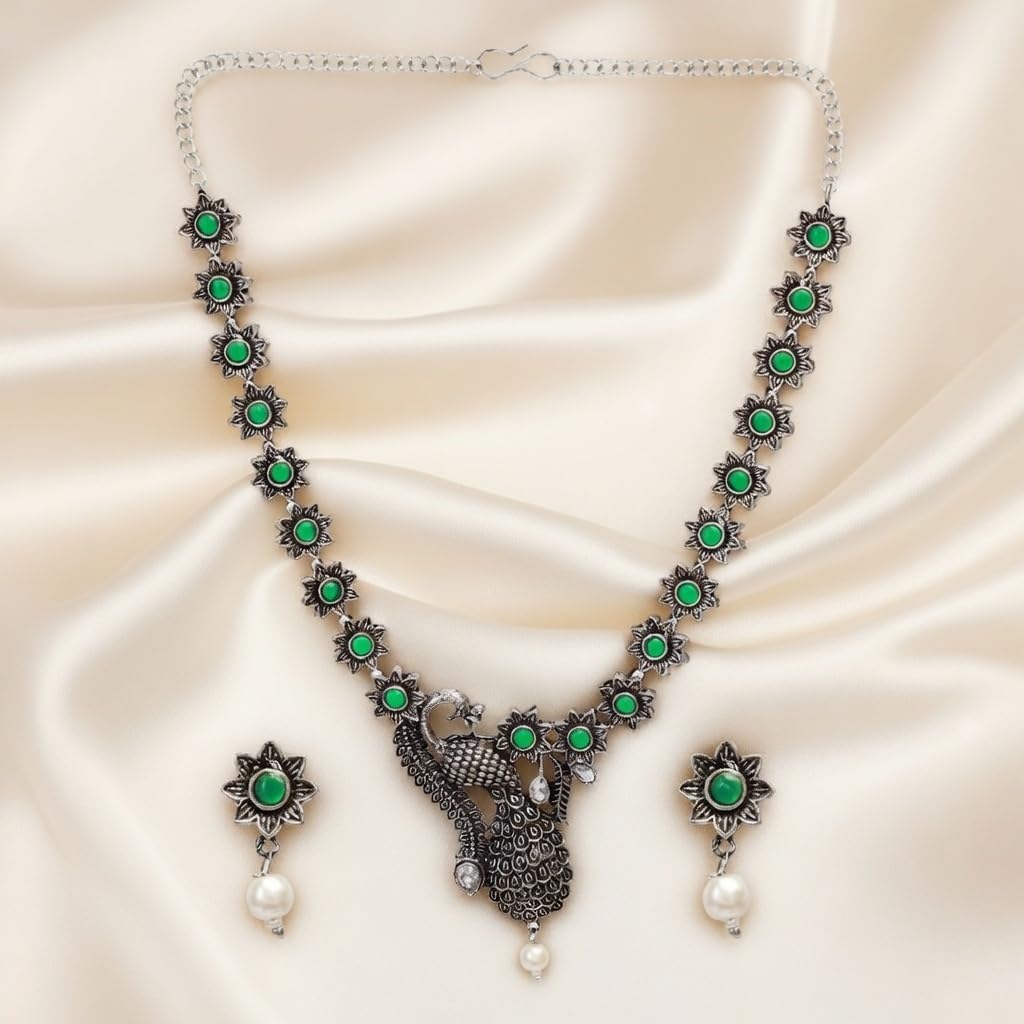 Efulgenz Indian Oxidized Crystal Peacock Necklace Sets Dangle Earrings image 2