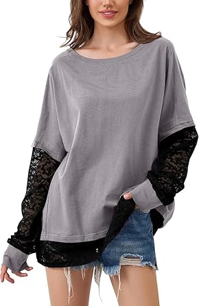 Womens Lace Long Sleeve Patchwork Top Shirts Trendy Business Casual Outfits Y2K Fashion Blouses Clothing Grey