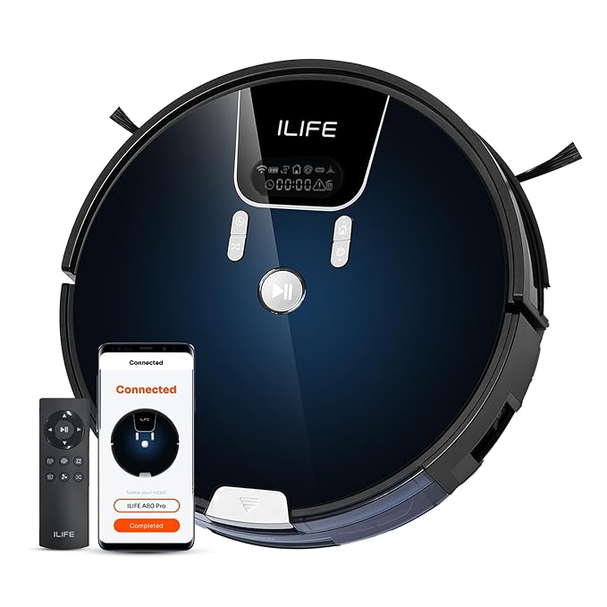 ILIFE A80 Pro Robotic Vacuum and Mop, Honeycomb Dust Tank, Large Water Tank, Roller Brush, Remote Control, App, Alexa and Google Home Compatible, Cleans Up to 2000 Sqft, Suitable for All Floor Types