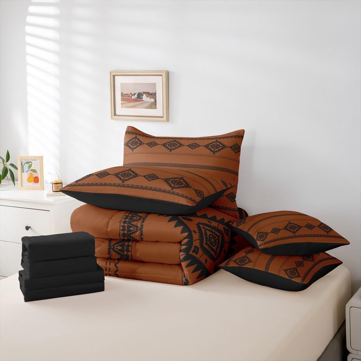 Western 7 Piece Bedding Set Full Size Southwestern Native Comforter Set with Sheets,Pillowcases & Cushion Cover for Boys Girls Wild West Cowboy Bed in a Bag Soft Tribal Bohemian Orange Black