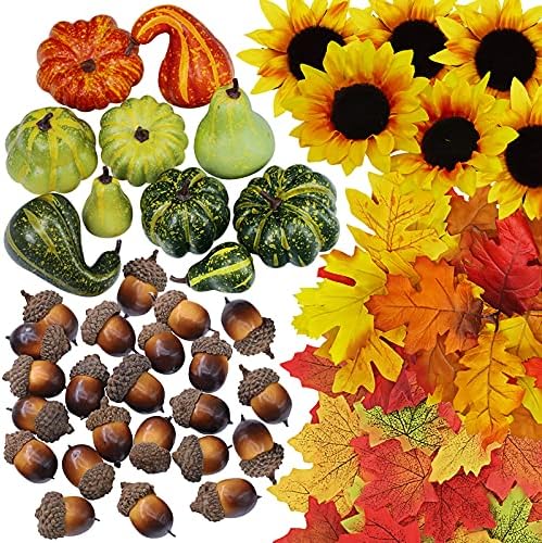 Supla 451 Pcs Fall Pumpkin Leaf Decoration Vase Filler Bowl Filler Mini Pumpkin Gourd Acorns Sunflower Heads Autumn Oak Leaf Maple Leaf for Wedding Thanksgiving Halloween Harvest Party Table Decor