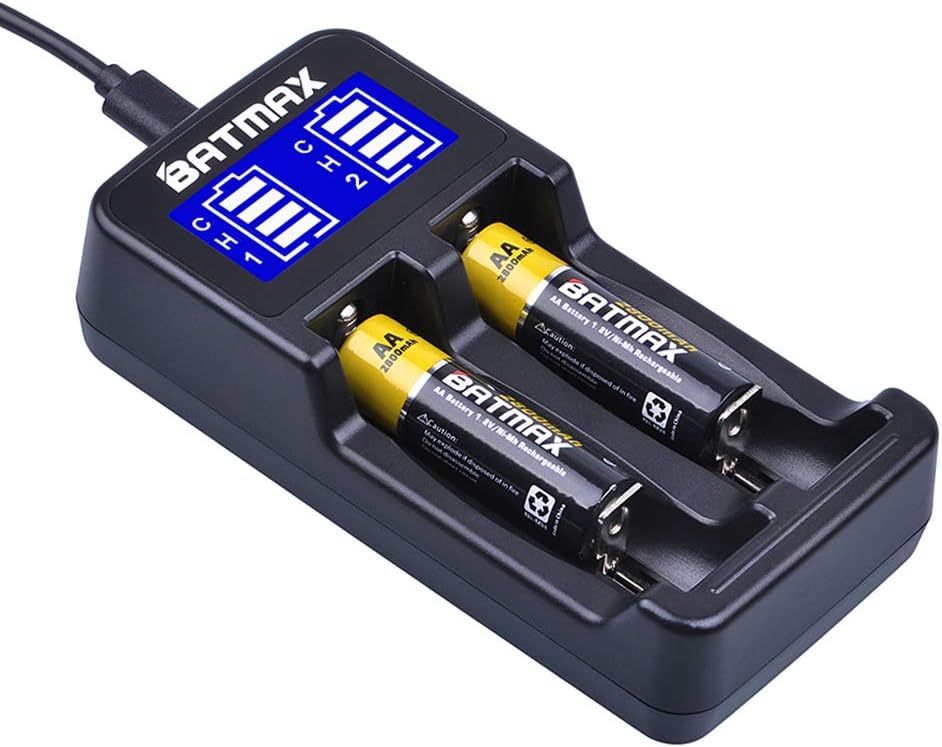 Batmax LCD Universal Intelligent USB Dual Battery Charger for Li-ion/Ni-MH/Ni-Cd 18490 18350 17670 17500 16340(RCR123) 14500 A AA AAA AAAA Rechargeable Batteries