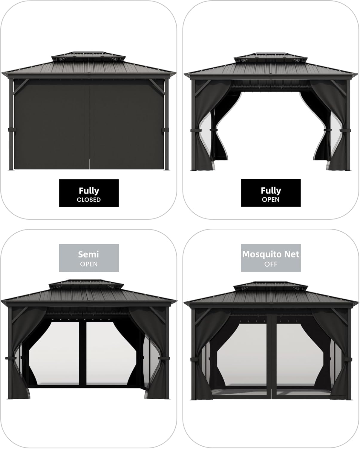 10x12 FT Hardtop Gazebo with Double Metal Roof, Aluminum Frame Permanent Pavilion with Curtains and Netting, Outdoor Gazebo for Patio Backyard Lawns