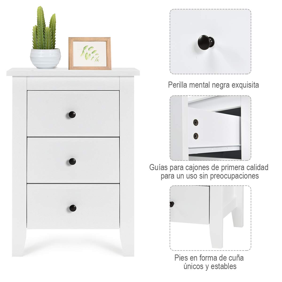 COSTWAY Mesita de Noche con 3 Cajones, Cajonera Moderna Dormitorio, Mesita Auxiliar de Madera con Cajones, Mesilla de Noche para Sala de Estar Dormitorio, 46 x 37 x 65 cm