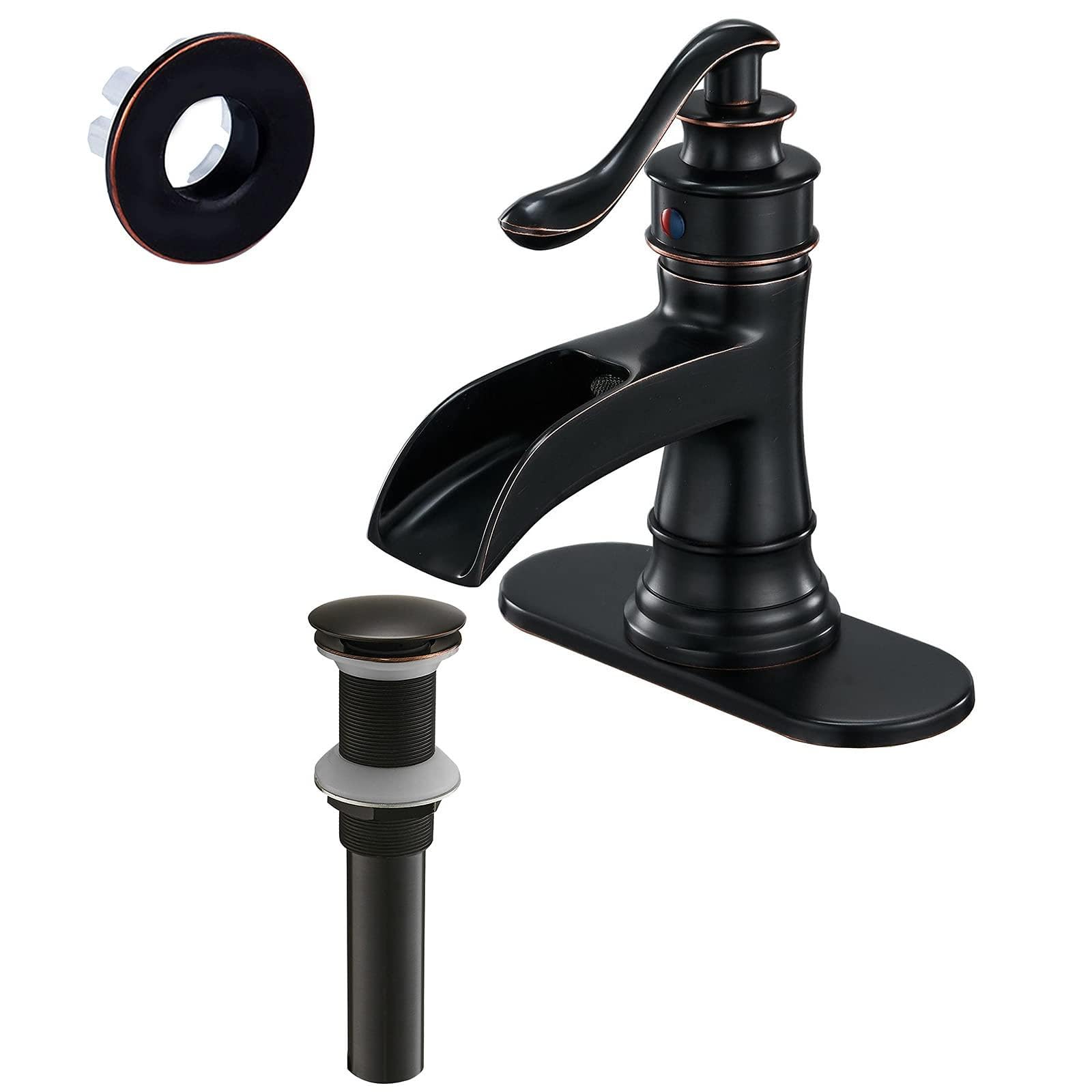 Sxithgkdw Bronze Bathroom Faucet Oil Rubbed Waterfall Single Handle Single Hole Lavatory Faucet Bundle Sink Overflow Hole Cover Trim Insert In Hole And Pop Up Drain Without Overflow