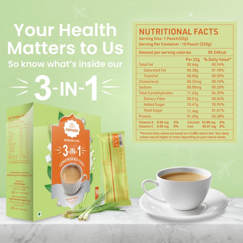 Image of Namaste Chai Instant Tea Premix Lemongrass Flavour | Assam | Milk and Sugar | Ready Mix Powder (10 Count (Pack of 1))