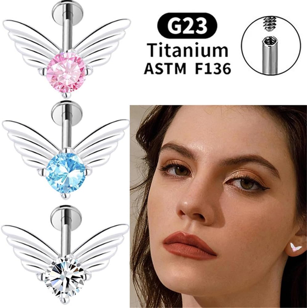 2Pcs 18G G23 Titanium CZ Wings Lip Rings Studs Internally Threaded Cartilage Flat Back Stud Earrings Conch Helix Daith Earrings Studs Medusa Piercing Jewelry for Women 8mm - Image 2