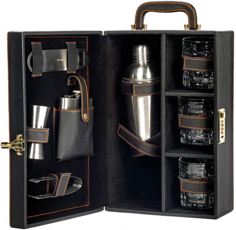 Abrazo Portable Barset | Bartender Kit | Bar Tool Set | Gifting | 8 Pieces Bar Tool Set | Black | Cocktail Shaker | Gift