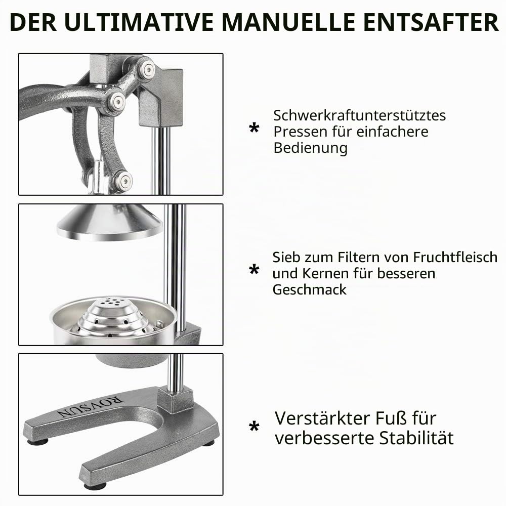 ROVSUN Saftpresse Manuell Edelstahl, Zitronenpresse Manuell, Entsafter Obstpresse, Zitruspresse, Apfelpresse, Orangenpresse 18x22x37 cm Grau