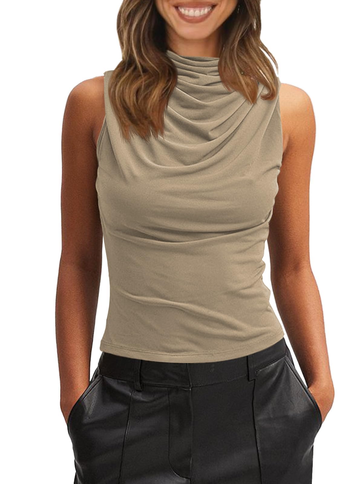 Imily Bela Damen Tank Top Ruched Stehkragen Tops Sexy Ärmellos T-Shirts Sommer Wasserfall Camisole Oberteil