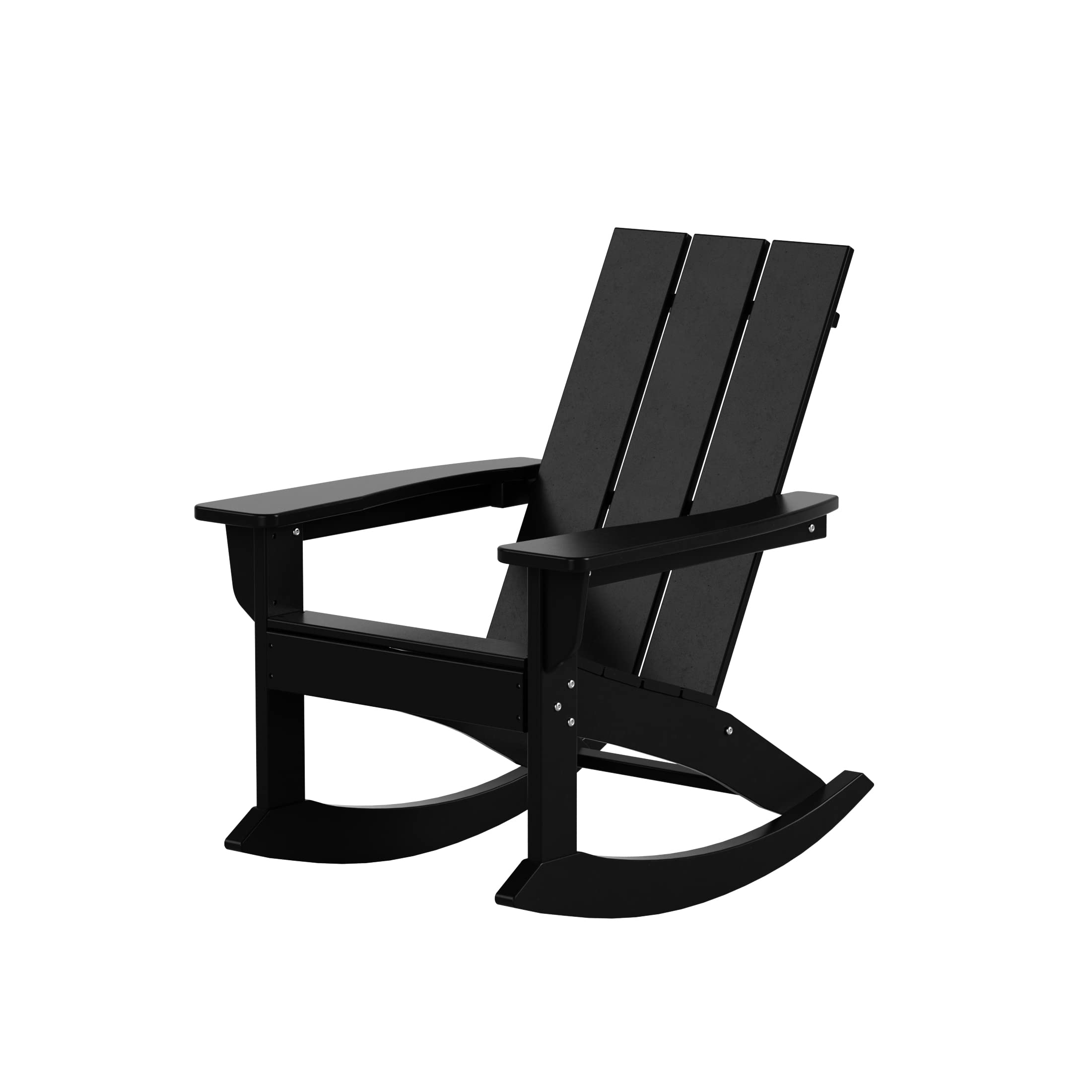 WestinTrends Ashore Patio Rocking Chair in black, situated on a green outdoor rug on a wooden deck.