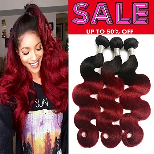 IMAYLI Two Tone Black to Maroon Ombre Hair Extensions Weaves Virgin Hair Body Wave Human Hair 3 Bundles 1B/99J Black+Burgundy 100g Mixed Lengths(14 16 18)