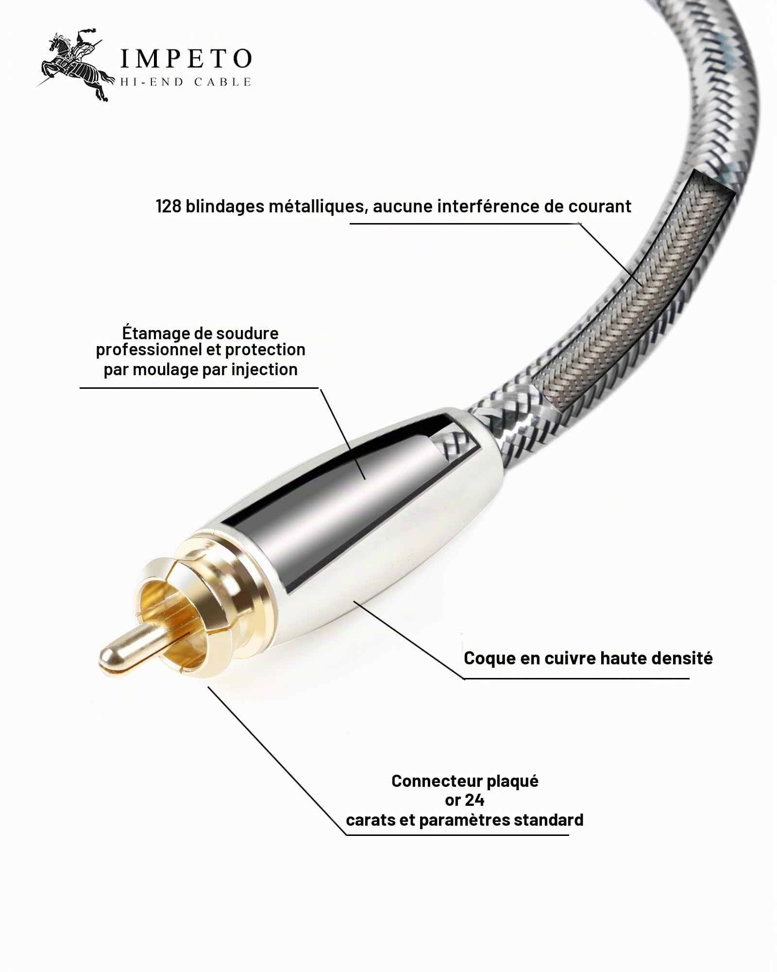 Impeto Câble RCA Subwoofer pour Caisson de basses, Cable Coaxial Numérique, 6N OFC TV S/PDIF - Connecteurs plaqués or - Câble Rca pour CD, Amplificateur, Chaîne Hi-Fi - 1m