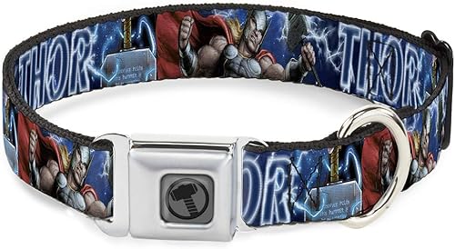 Collar de perro Hebilla de cinturón de seguridad Avengers Thor Hammer Action Pose Galaxy Blues Blanco 18 a 32 pulgadas 1.5 pulgadas de ancho,