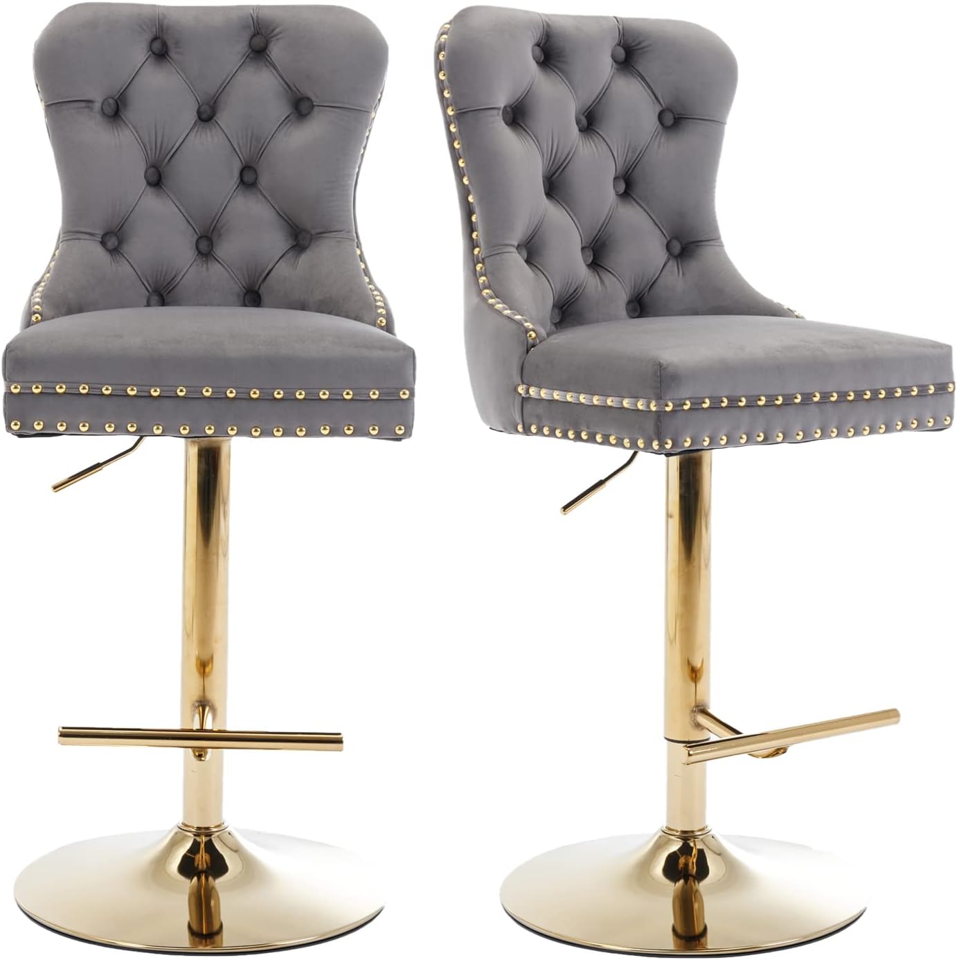 Grey Velvet Bar Stools Set of 2, Adjustable Swivel Counter Height Bar Stools with Nailheads Trim, Back Ring Pull Trim and Gold Footrest, Upholstered Bar Chair for Kitchen Island, Home Bar (Grey)
