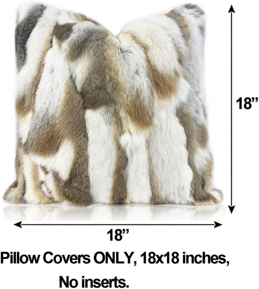 Genuine Natural Fur Pillow Covers, Soft Shaggy Throw Pillows, Real Rabbit Fur Pillowcase, Cozy Animal Skin Cushion Cover for Couch Sofa Bed & Living Room Decor, 18x18, Brown White - Image 2