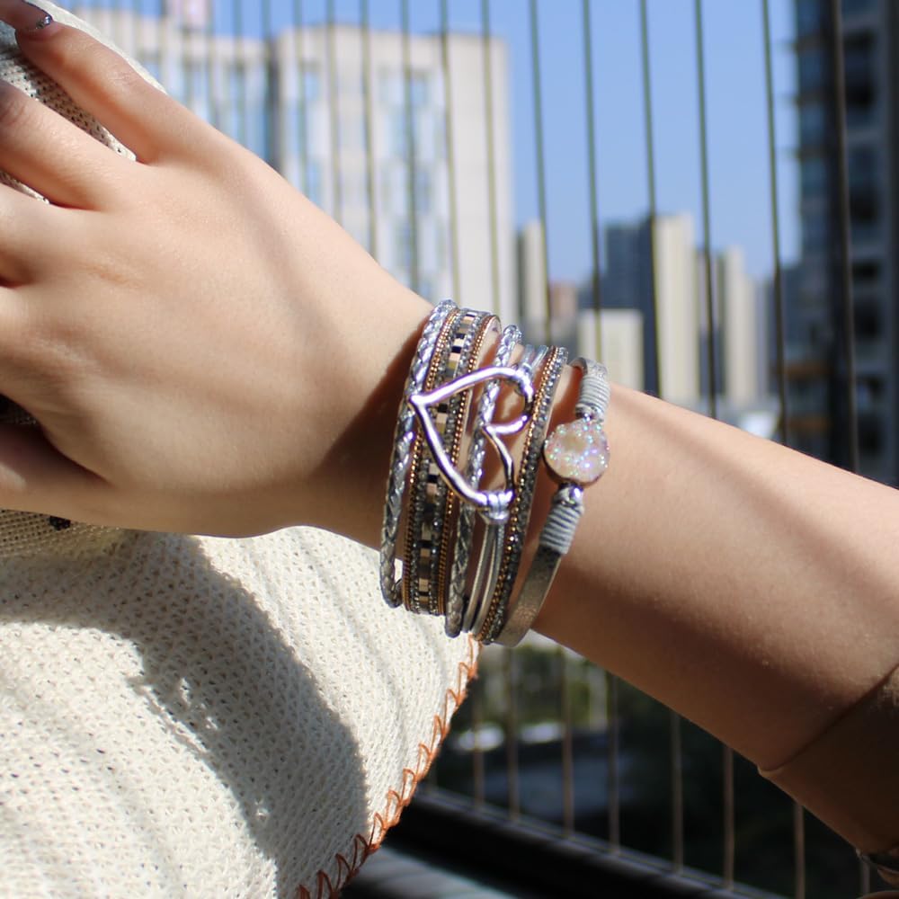 P Ammy Fashion® Women's Multi-layer Love Heart Leather Wrap Bracelets Stackable Boho Bangles Bohemian Cuff with Magnetic Clasp Jewelry Gift - Image 2