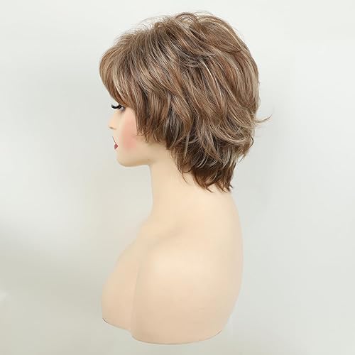 Miniatura 5 de TISHINING Pelucas cortas de corte Pixie marrón para mujeres blancas, mezcla de marrón, rubio, peluca ondulada en capas con flequillo, peluca