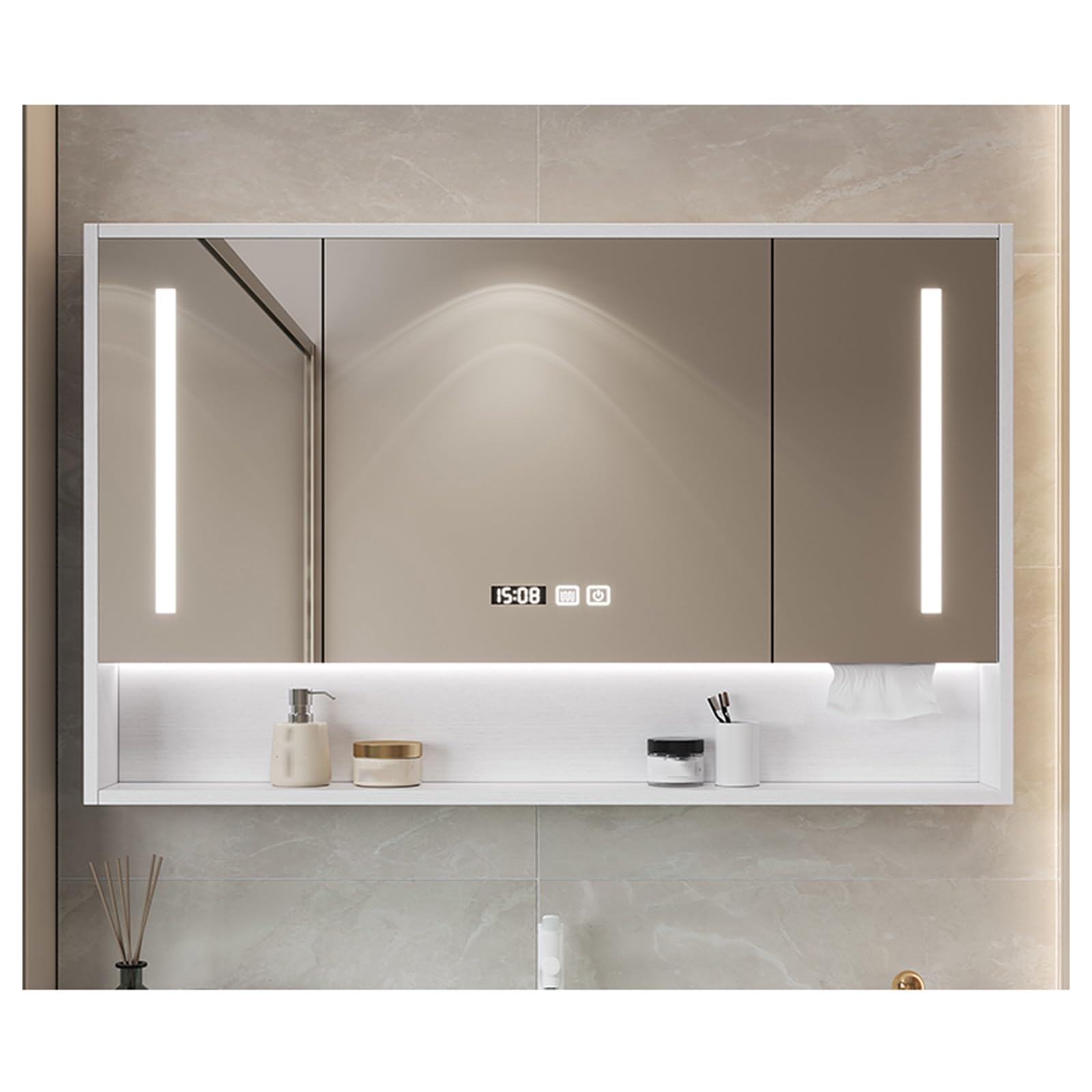 LED-Badezimmerspiegelschrank, Wandmontage, Aufbewahrungsspiegel, moderner Schminkspiegel mit Aufbewahrung, stilvoller Badezimmerspiegel mit LED-Beleuchtung, platzsparendes Badezimmer