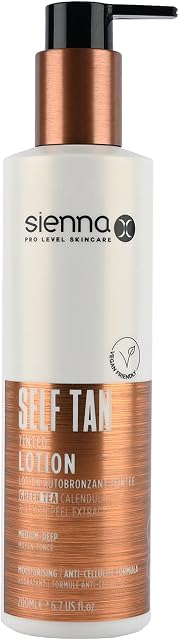 Sienna X Self Tan Tinted Lotion 200ml. Natural Streak Free Fake Tan Cream For Holiday Glow With Green Tea And Lemon Peel Extract. Long Lasting Formula For Face And Body.