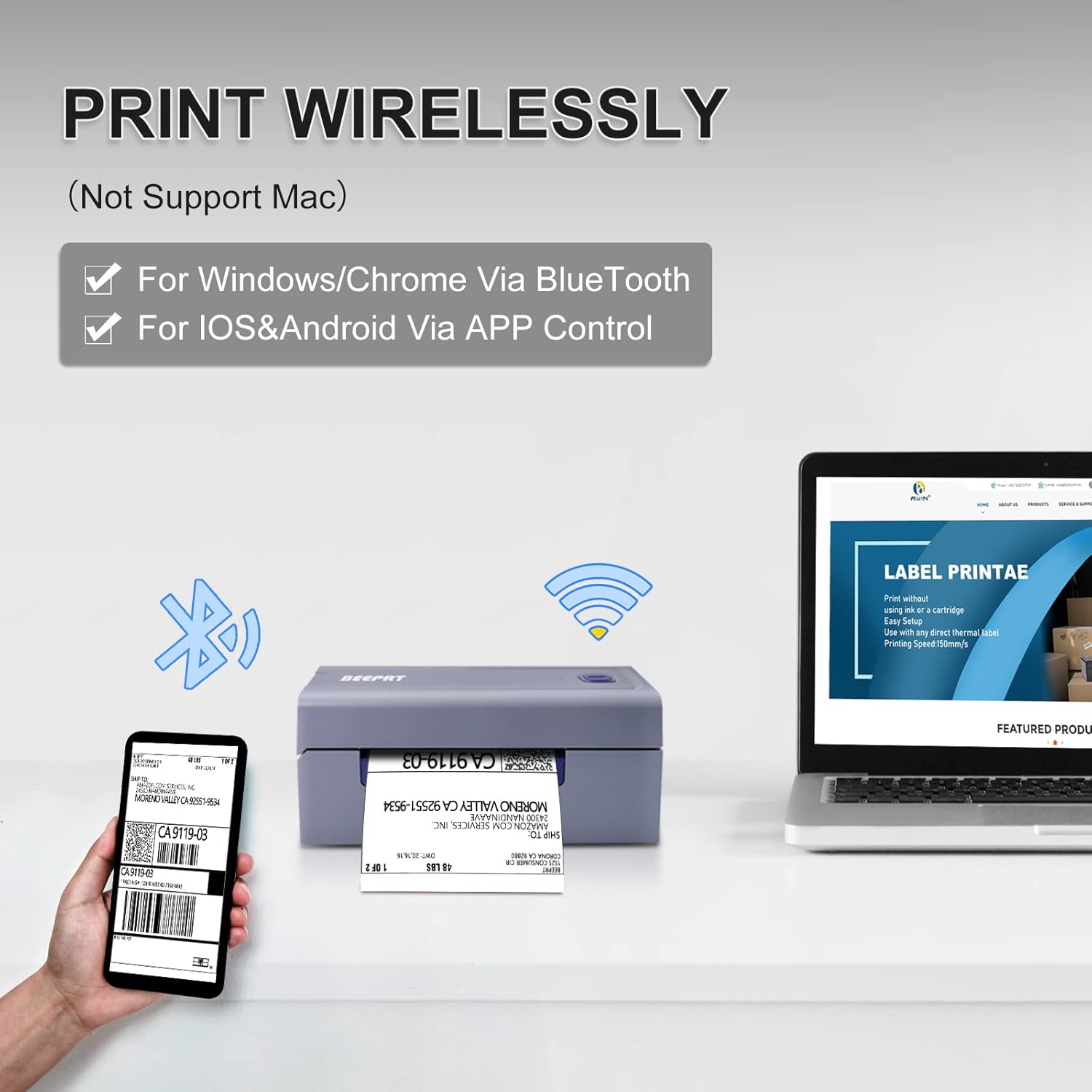 beeprt BY-480BT-8 printer wirelessly connected to a smartphone and a laptop, showing Bluetooth and Wi-Fi symbols.