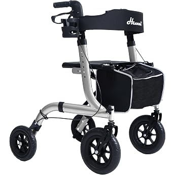 Foldable Rollator with Seat Padding Shopping Bag & Stick Holder - Height Adjustable Lightweight & Slim for Seniors - Walker with Brake 10 inch/8 Inch All-Terrain Wheels Aluminium Silver