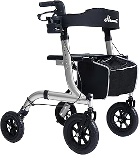 Rollator Faltbar mit Sitzpolster, Einkaufstasche & Stockhalter – Höhenverstellbar, Leicht & Schmal für Senioren – Gehwagen mit Bremse, 10"/8" All-Terrain Räder, Aluminium，Sliber