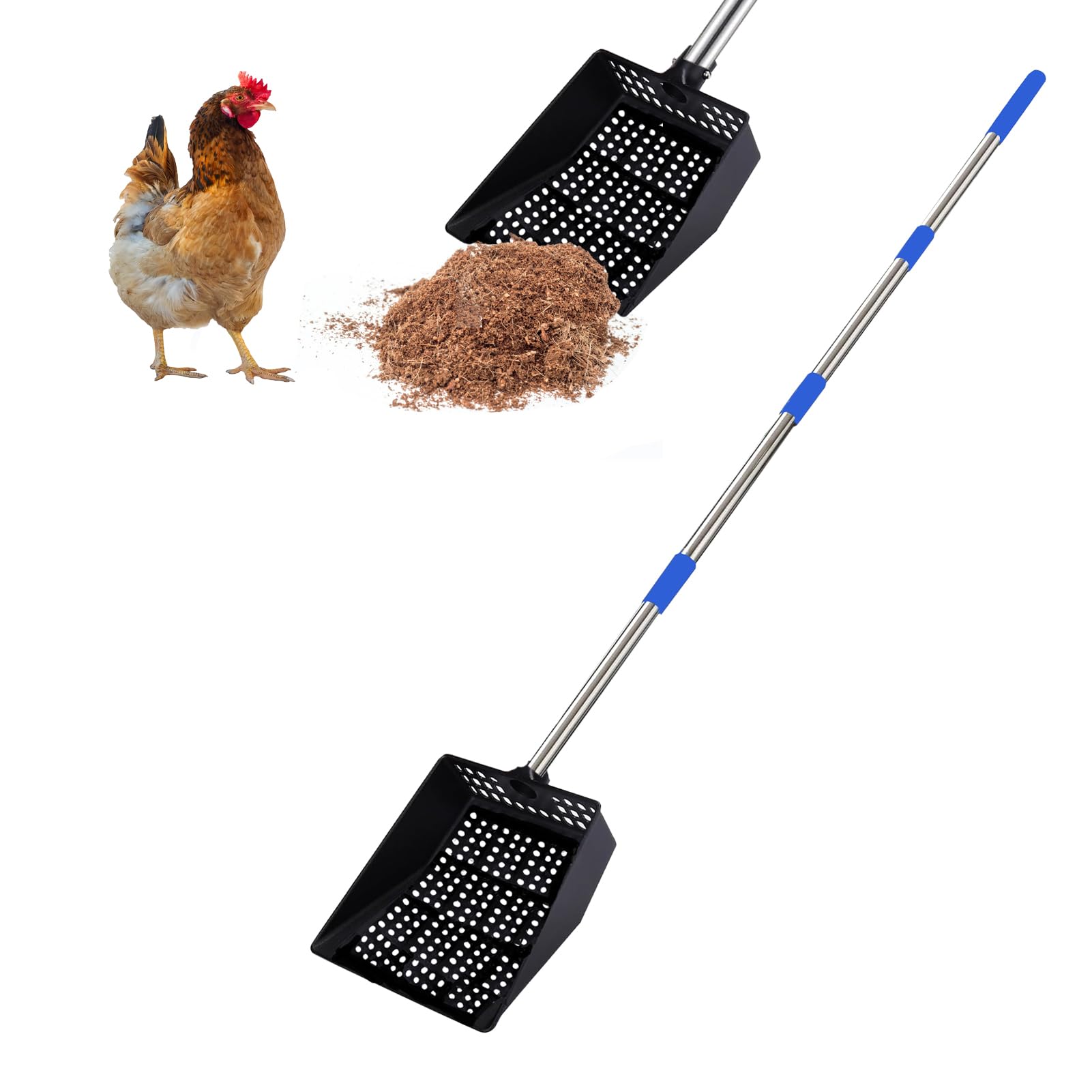 chicken poop scooper,big sifting shovel for farm chicken and coop goat stall,metal chicken scooper cleaning, chicken coop rake with long handle(40 1/2'').