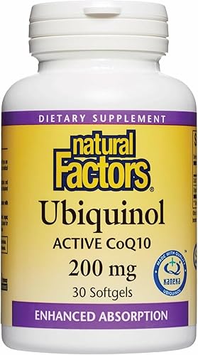 Natural Factors Ubiquinol Active CoQ10 200 mg, suplemento de coenzima Q10 de alta absorción para apoyo energético, cardíaco y cognitivo, 100 mg, 30