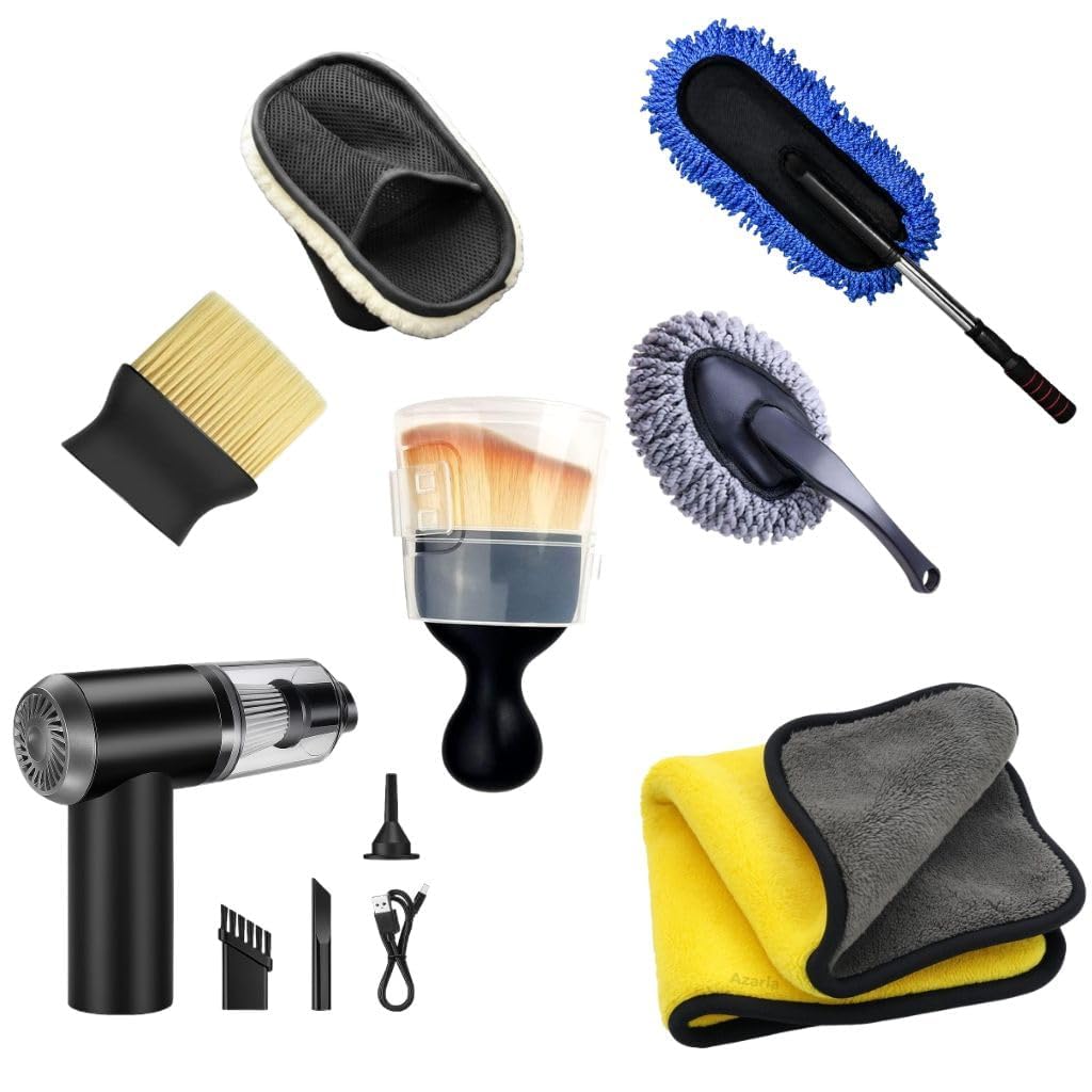 CHO KU REI 7Pcs Car Cleaning Kit with 3-in-1 Mini Vacuum Cleaner, Microfiber Cloth, Big Duster, Car Cleaning Glove, Wheel Brush, AC Vent Brush & Interior Dust Brush for Car(Model-14)-picture-23